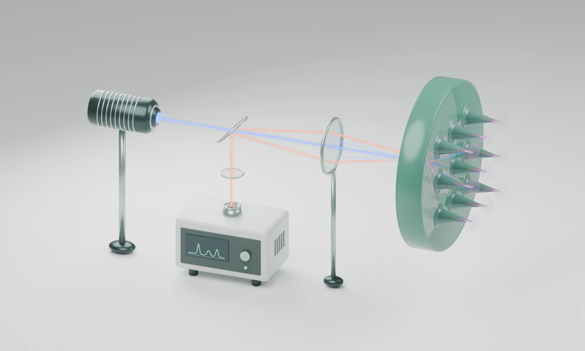 Conceptual angled view of a SiC window with a 3 by 3 sensing-tip array. Blue excitation distributes through the substrate to the tips; amber Raman return passes through the shared lens to a spectroscope.